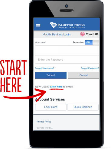 Phone displaying mobile banking login screen with 'Start Here' arrow.
