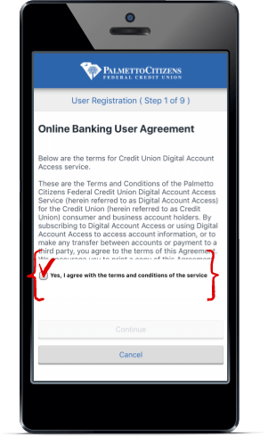 Smartphone displaying online banking user agreement with checkbox.