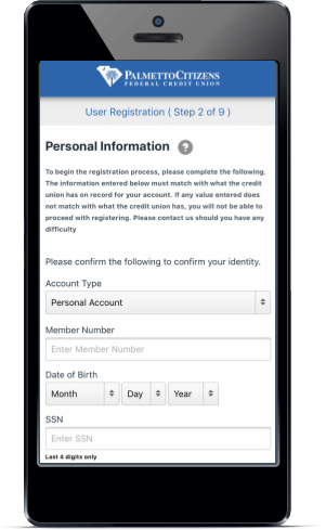 Phone screen showing user registration form for a credit union.