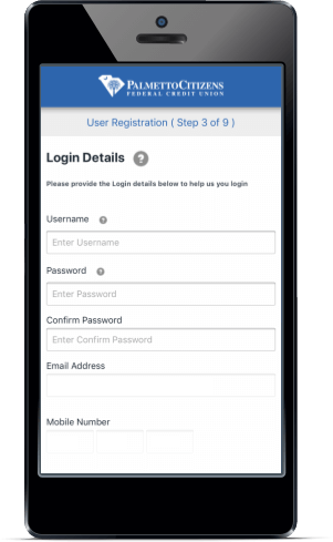 Smartphone showing step 3 of user registration for banking app.