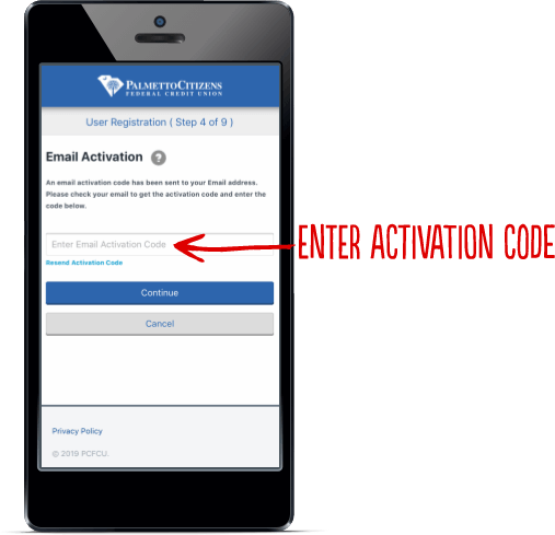 Phone display with email activation step and 'Enter Activation Code' prompt.