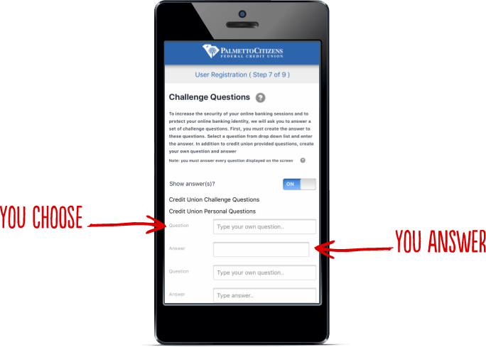 Mobile screen showing 'Challenge Questions' setup for banking registration.