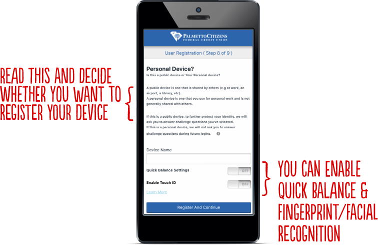 Phone screen for device registration with options for security features.