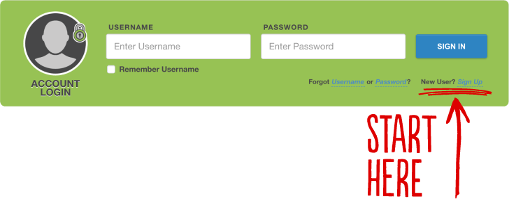 Login interface with 'Start Here' arrow pointing to 'Sign Up'.