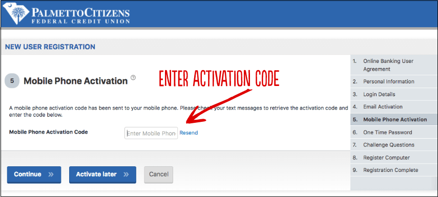 Webpage with new user registration step for mobile phone activation and activation code input.