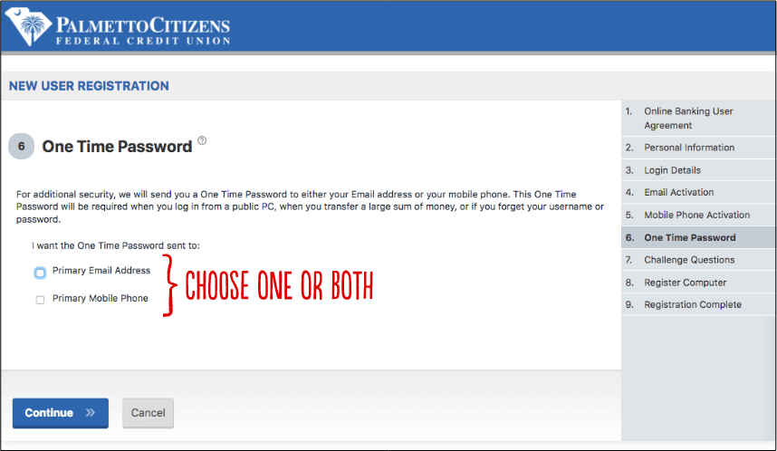Webpage with new user registration step for one time password option choosing.
