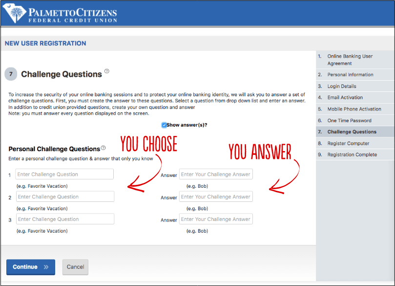 Webpage with new user registration step for answering on challenge questions.