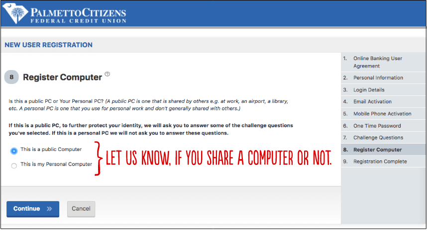 Webpage with new user registration step for computer type option choosing.
